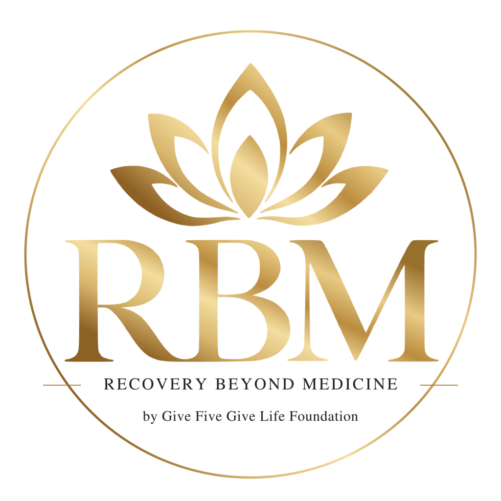 Recovery Beyond Medicine (RBM) — gold lotus programme logo, by Give Five Give Life Foundation